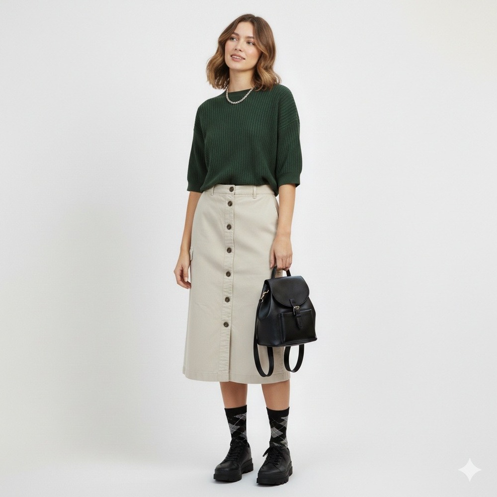 Cherokee Vintage Skirt‎ 32" Waist 90s Button Front Midi Khaki Beige Cotton Cargo